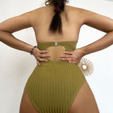 Ribbed Crisscross Cut Out Halter Open Back Brazilian One Piece Swimsuit