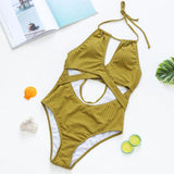 Ribbed Crisscross Cut Out Halter Open Back Brazilian One Piece Swimsuit