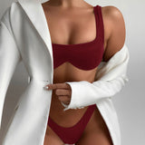 Ribbed High Cut Underwire Bralette Brazilian Two Piece Bikini Swimsuit