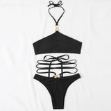 Ribbed O Ring String Wrap Halter Brazilian Two Piece Bikini Swimsuit