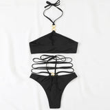 Ribbed O Ring String Wrap Halter Brazilian Two Piece Bikini Swimsuit