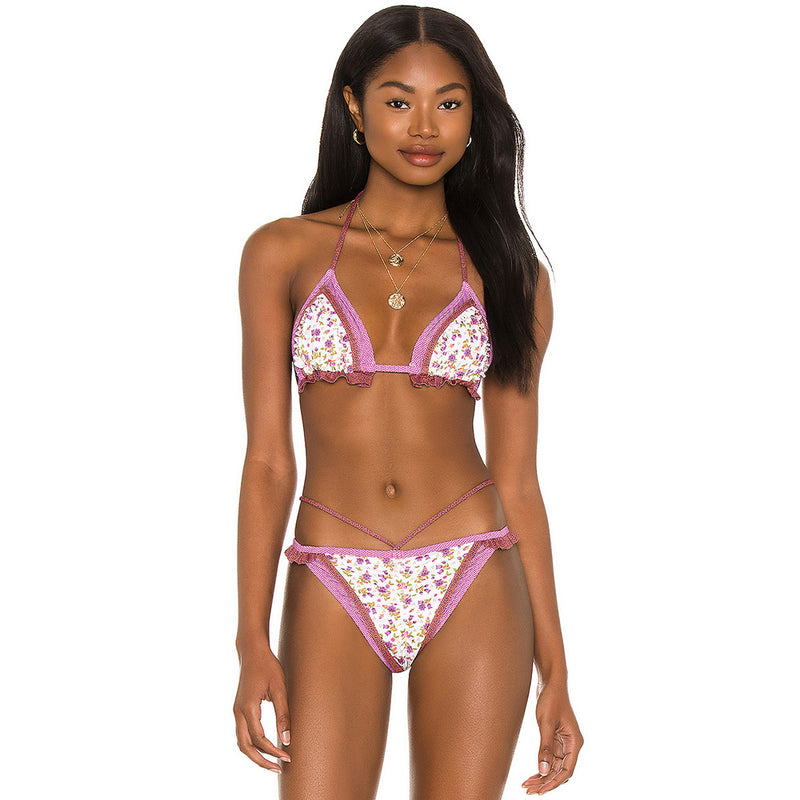 Ruffle Floral Tie Up Slide Triangle Brazilian Two Piece Bikini Swimsuit