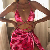 Sarong Decor Tie Dye Slide Triangle Brazilian Three Piece Bikini Swimsuit