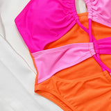 Sexy Color Panel High Cut Lace Up Cutout Brazilian One Piece Swimsuit