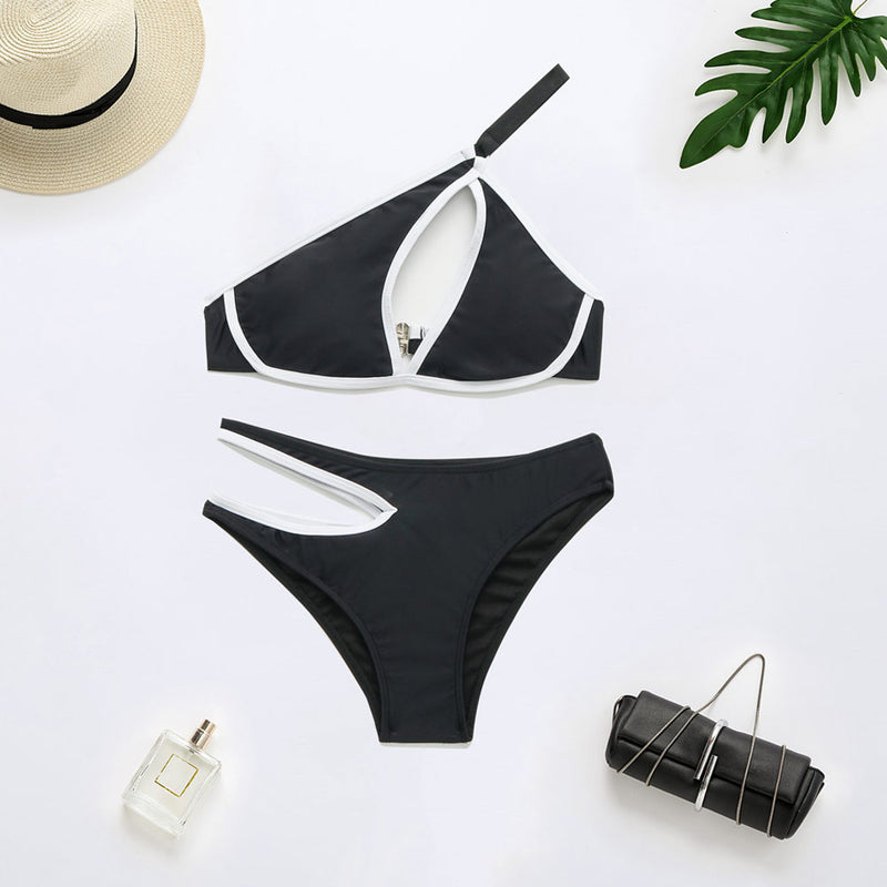 Sexy Contrast Binding Cutout One Shoulder Brazilian Two Piece Bikini Swimsuit