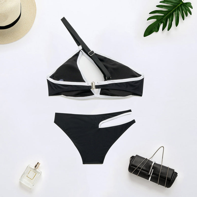 Sexy Contrast Binding Cutout One Shoulder Brazilian Two Piece Bikini Swimsuit