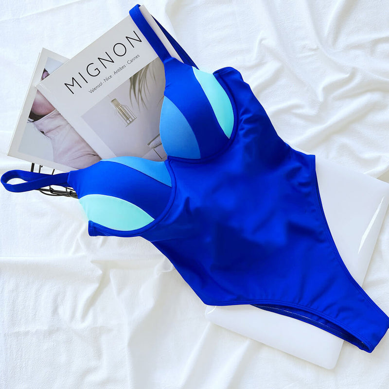 Sexy Contrast Color High Cut Plunging V Brazilian One Piece Swimsuit