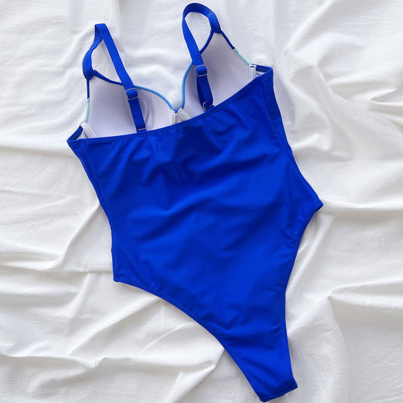 Sexy Contrast Color High Cut Plunging V Brazilian One Piece Swimsuit