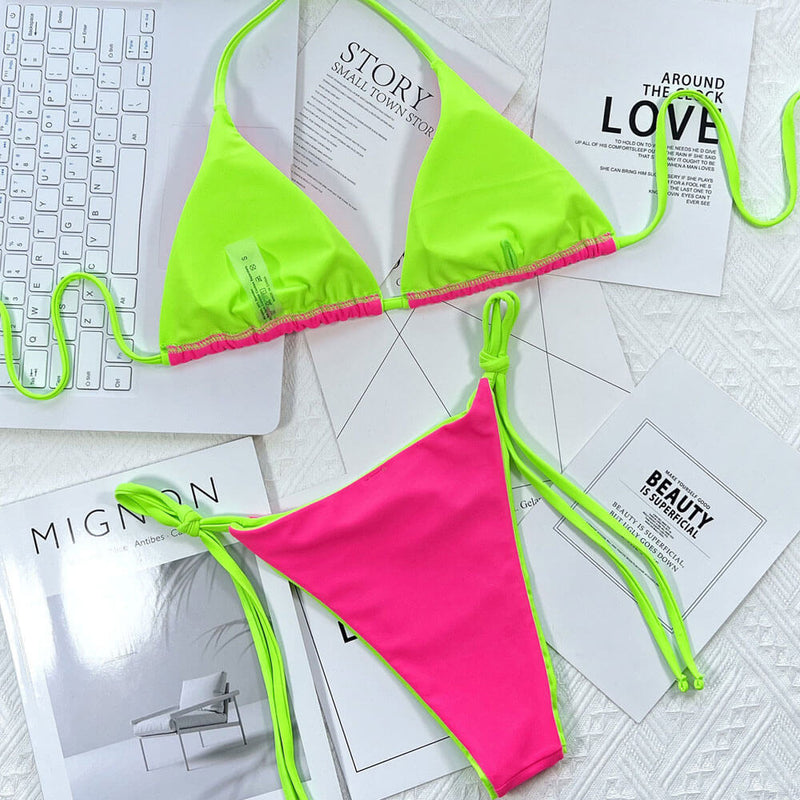Sexy Contrast Neon Tie String Cheeky Slide Triangle Brazilian Two Piece Bikini Swimsuit