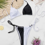 Sexy Contrast Side String Beaded Triangle Brazilian Two Piece Bikini Swimsuit