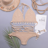 Sexy Crochet Knit Shell Trim Halter Triangle Brazilian Two Piece Bikini Swimsuit