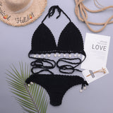 Sexy Crochet Knit Shell Trim Halter Triangle Brazilian Two Piece Bikini Swimsuit
