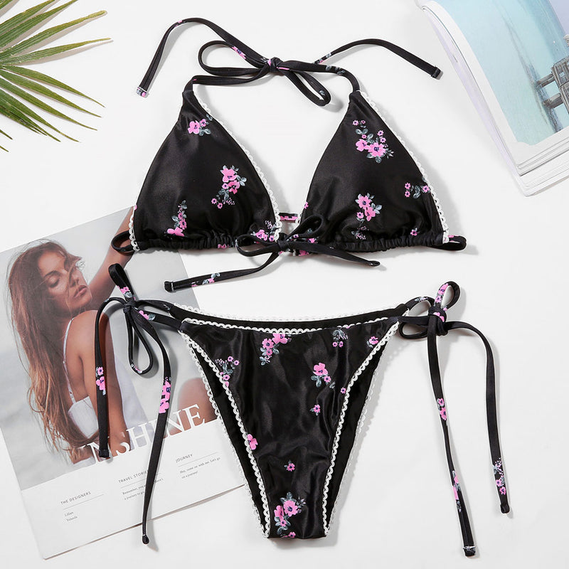 Sexy Floral Print Tie String Slide Triangle Brazilian Two Piece Bikini Swimsuit