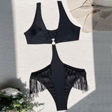 Sexy Fringe Trim Cut Out O Ring Monokini Brazilian One Piece Swimsuit