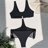 Sexy Fringe Trim Cut Out O Ring Monokini Brazilian One Piece Swimsuit