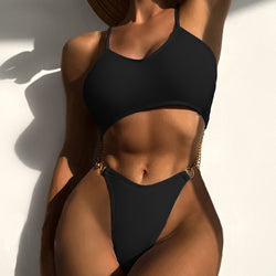 Sexy High Cut Chain Trim Cutout Low Back Brazilian One Piece Swimsuit