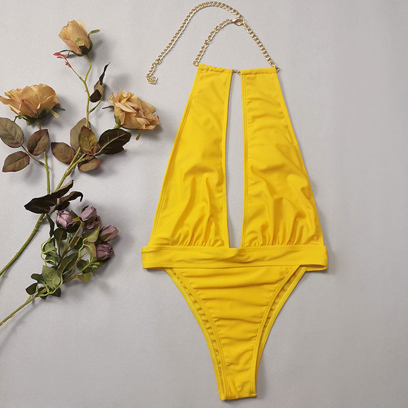 Sexy High Cut Cheeky Cutout Metallic Chain Halter Brazilian One Piece Swimsuit