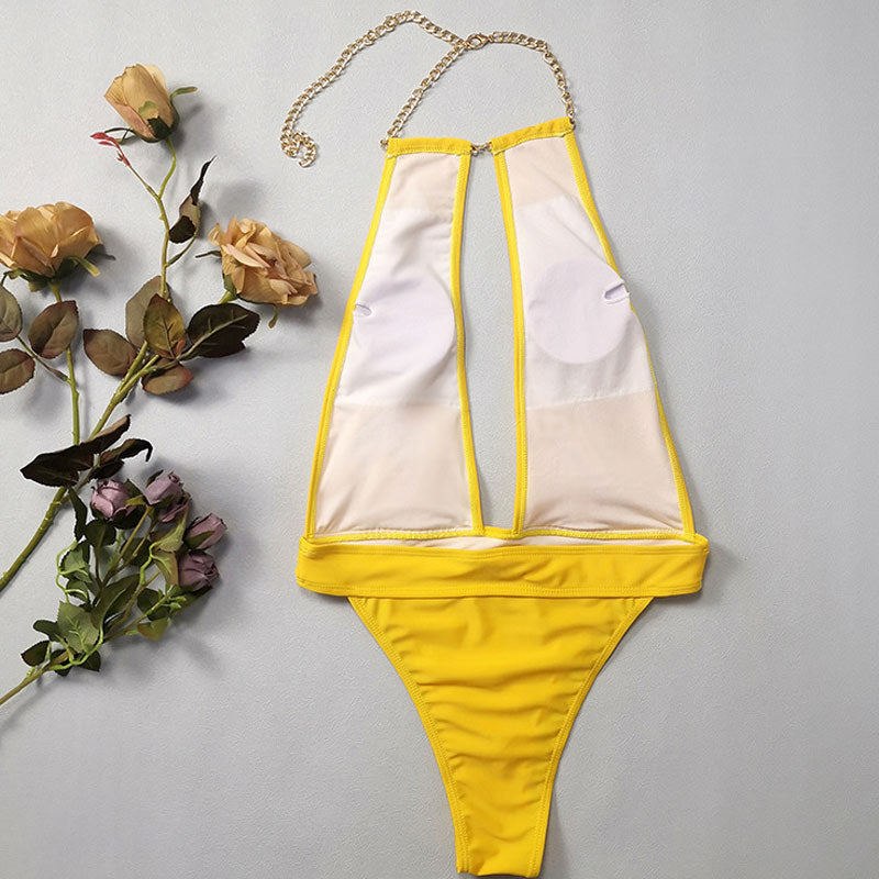 Sexy High Cut Cheeky Cutout Metallic Chain Halter Brazilian One Piece Swimsuit