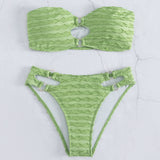 Sexy High Cut O Ring Textured Bandeau Brazilian Two Piece Bikini Swimsuit