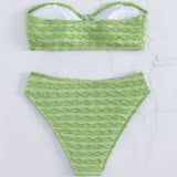 Sexy High Cut O Ring Textured Bandeau Brazilian Two Piece Bikini Swimsuit