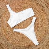 Sexy High Cut One Shoulder Ribbed Brazilian Two Piece Bikini Swimsuit