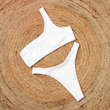 Sexy High Cut One Shoulder Ribbed Brazilian Two Piece Bikini Swimsuit