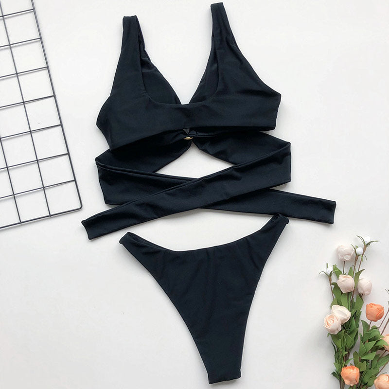 Sexy High Cut Tie Back Triangle Brazilian Two Piece Bikini Swimsuit