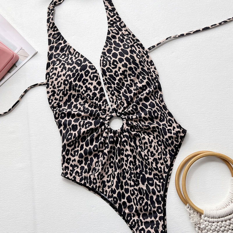 Sexy Leopard Print Tie Back Ruched O Ring Deep V Brazilian One Piece Swimsuit