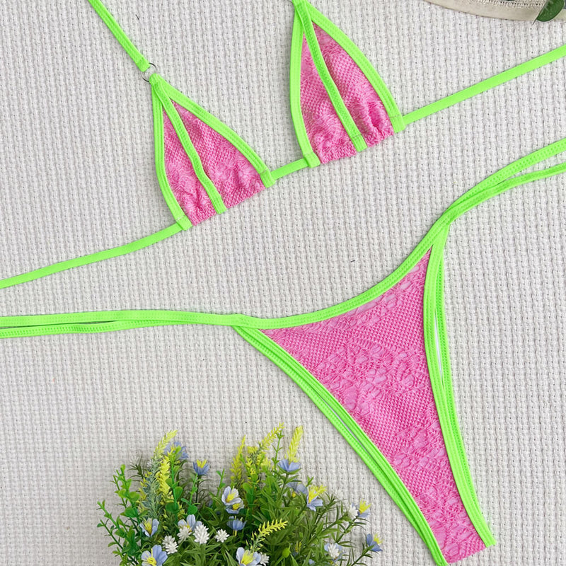 Sexy Neon Tie String Lace Slide Triangle Brazilian Two Piece Bikini Swimsuit
