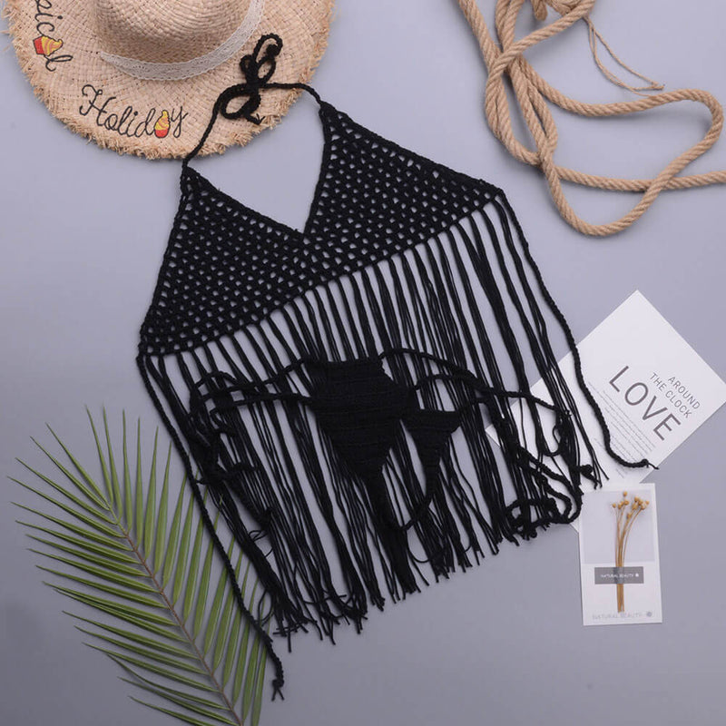 Sexy Open Knit Crochet Thong Tassel Halter Brazilian Two Piece Bikini Swimsuit