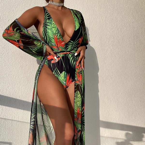 Sexy Palm Wrap Around Open Back Deep V Brazilian One Piece Swimsuit