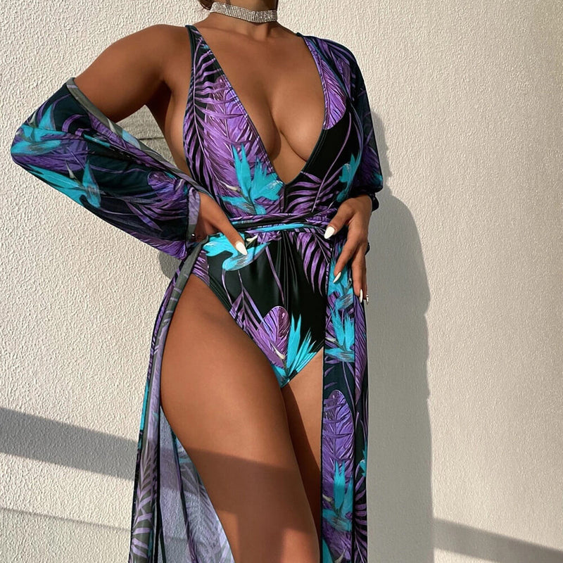 Sexy Palm Wrap Around Open Back Deep V Brazilian One Piece Swimsuit