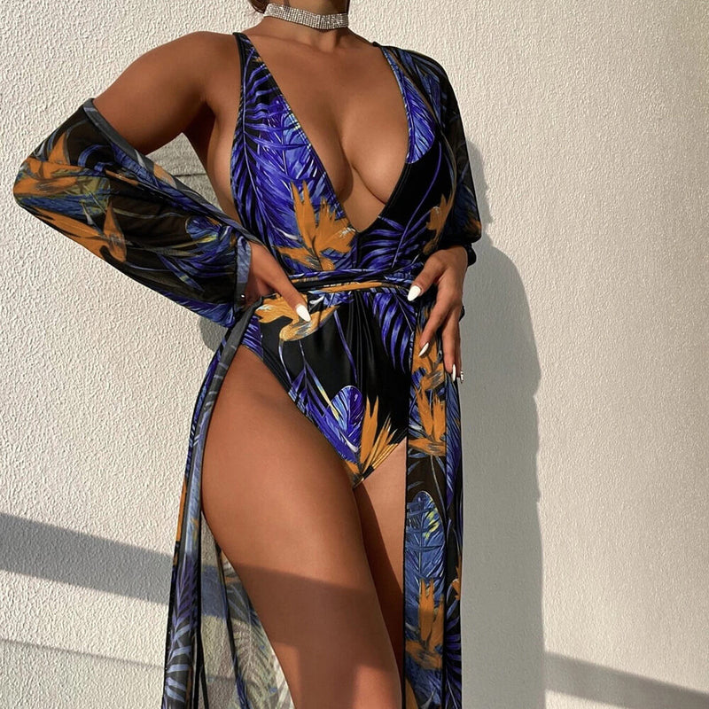 Sexy Palm Wrap Around Open Back Deep V Brazilian One Piece Swimsuit