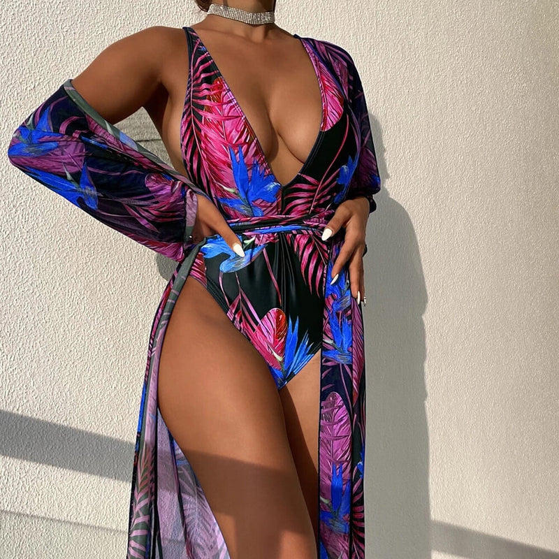 Sexy Palm Wrap Around Open Back Deep V Brazilian One Piece Swimsuit