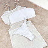 Sexy Sheer Cover Up String Bandeau Brazilian Three Piece Bikini Swimsuit