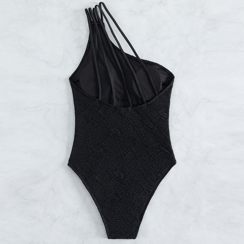 Sexy Strappy Open Back Textured One Shoulder Brazilian One Piece Swimsuit