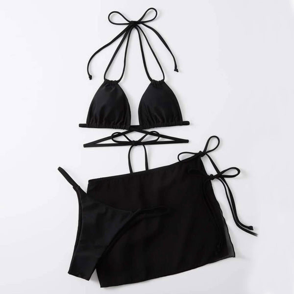 Sexy Strappy Sarong Slide Triangle Brazilian Three Piece Bikini Swimsuit