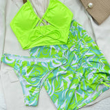 Sexy Swirl Print High Cut Tie String Halter Brazilian Three Piece Bikini Swimsuit