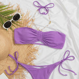 Sexy Tie String Cheeky Beaded Halter Textured Brazilian Two Piece Bikini Swimsuit