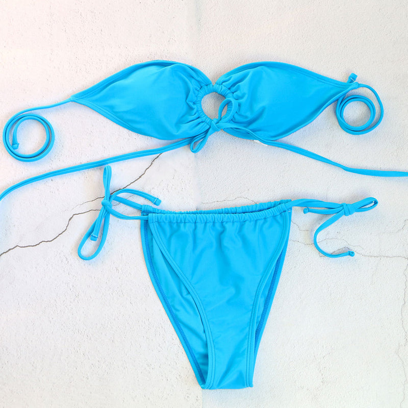 Sexy Tie String Ruched Cutout Bandeau Brazilian Two Piece Bikini Swimsuit