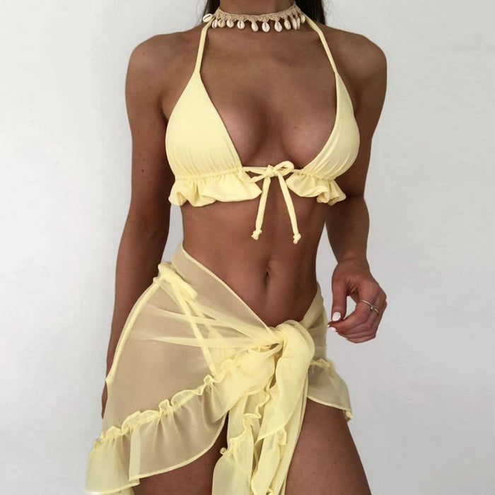 Sexy Tie String Ruffle Slide Triangle Brazilian Three Piece Bikini Swimsuit