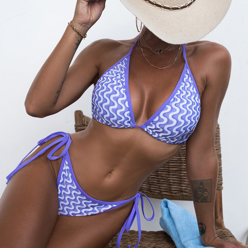 Sexy Wavy Print Slide Triangle Brazilian Two Piece Bikini Swimsuit