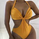 Shimmery High Cut Ruched Halter Monokini Brazilian One Piece Swimsuit