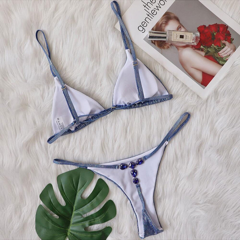 Shimmery Textured Thong Sliding Triangle Brazilian Two Piece Bikini Swimsuit