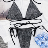 Shimmery Tie String Slide Triangle Strappy Brazilian Two Piece Bikini Swimsuit