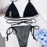 Shimmery Tie String Slide Triangle Strappy Brazilian Two Piece Bikini Swimsuit