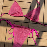Shimmery Tie String Slide Triangle Strappy Brazilian Two Piece Bikini Swimsuit