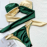 Shiny Color Panel O Ring Bow Tie Bandeau Brazilian Two Piece Bikini Swimsuit