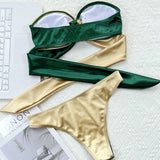 Shiny Color Panel O Ring Bow Tie Bandeau Brazilian Two Piece Bikini Swimsuit