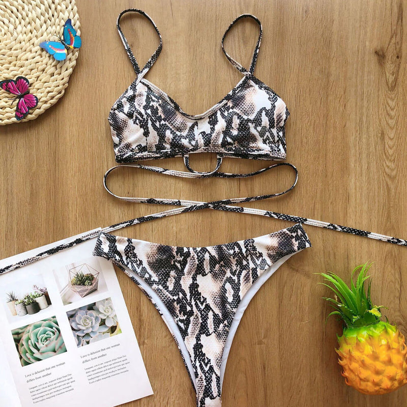 Snake Print High Cut Lace Up Bralette Brazilian Two Piece Bikini Swimsuit